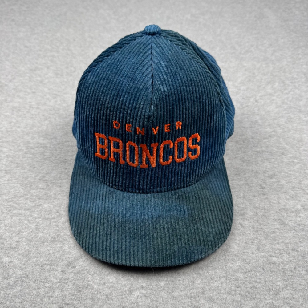 Vintage Denver Broncos AJD Corduroy Snapback Hat Blue Orange Made in USA NFL Cap